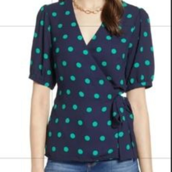 Halogen polka-dots navy blue wrap top women's size large - Picture 1 of 10